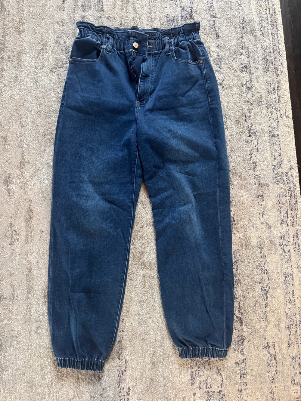 Express Women’s Elastic Cuff Dark Blue Jeans high rise paper bag waist